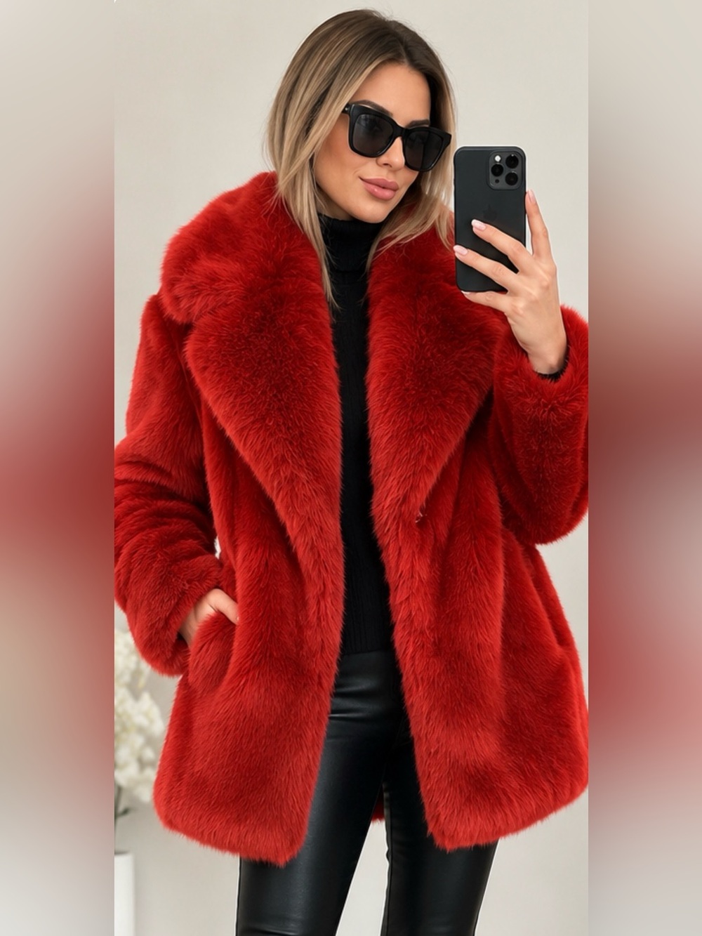 H&M Red Faux Fur Plush Oversized Statement Coat Jacket size L